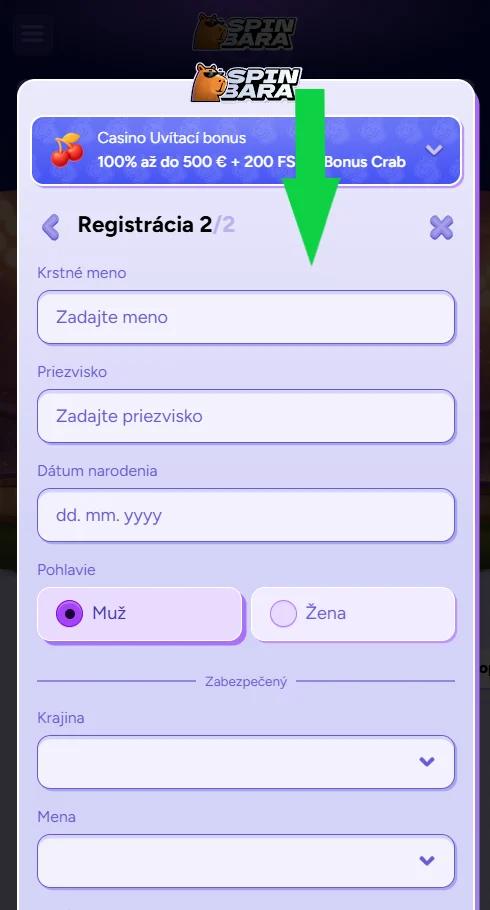 Vyplnenie registračného formulára casino